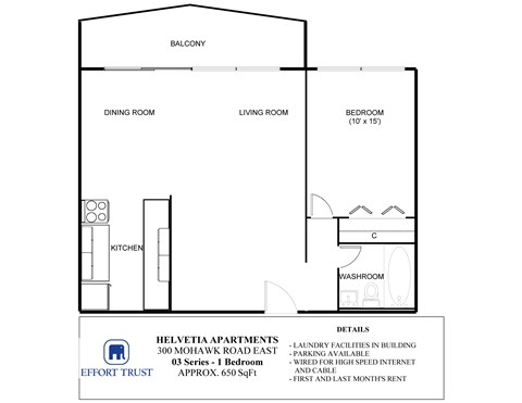 Floor plan for 1 bed, 1 bath, 650 sqft